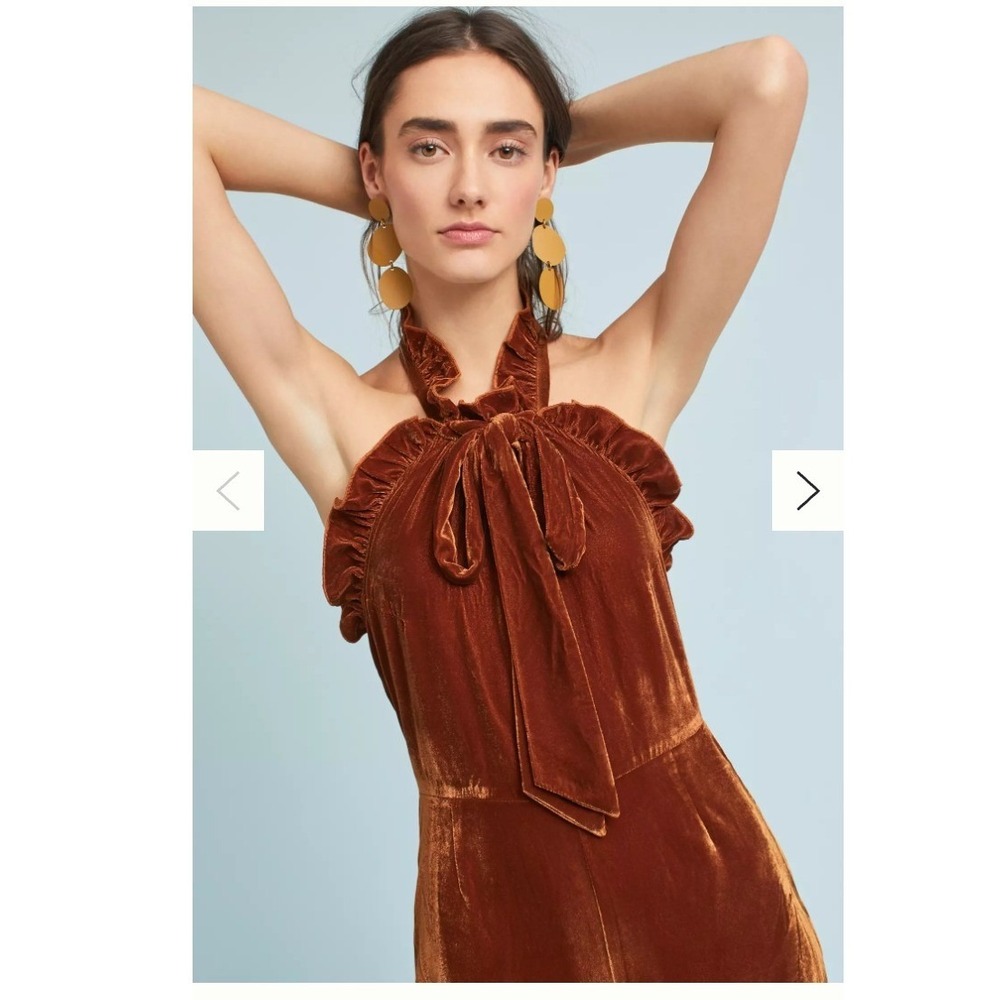 Anthropologie Kristinit Velvet Halter Jumpsuit Rust Orange Tie Neck Wide Leg M - Picture 10 of 10